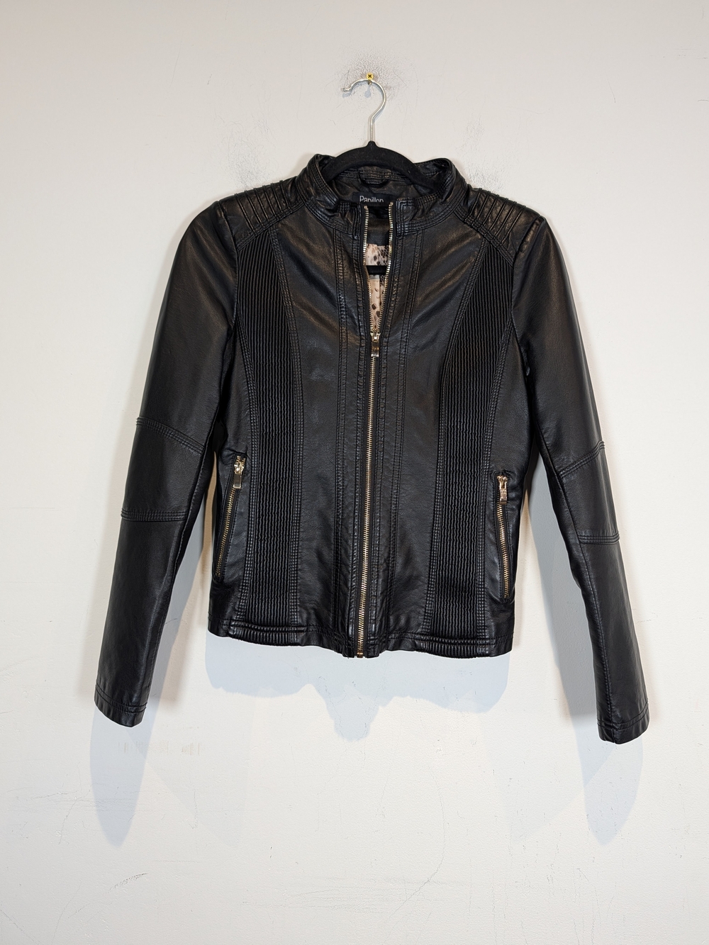 Papillon Blanc Black Faux Leather Ribbed Panel Jacket, Size Small